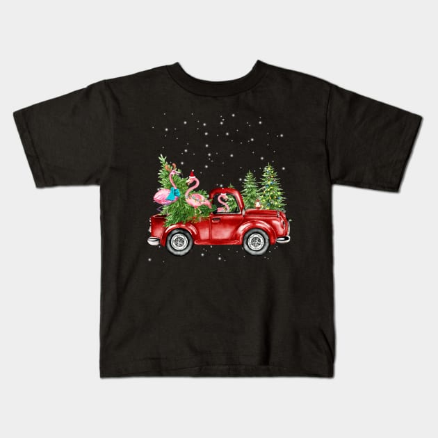 Christmas Three Flamingo Ride Red Truck Xmas Santa Hat Kids T-Shirt by webster